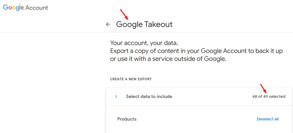 Google takeout screenshot