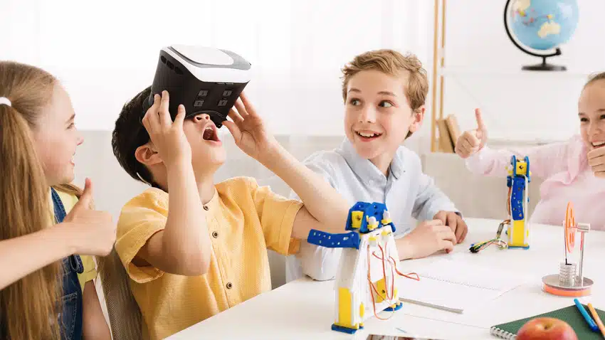 Young students using VR in the classroom.