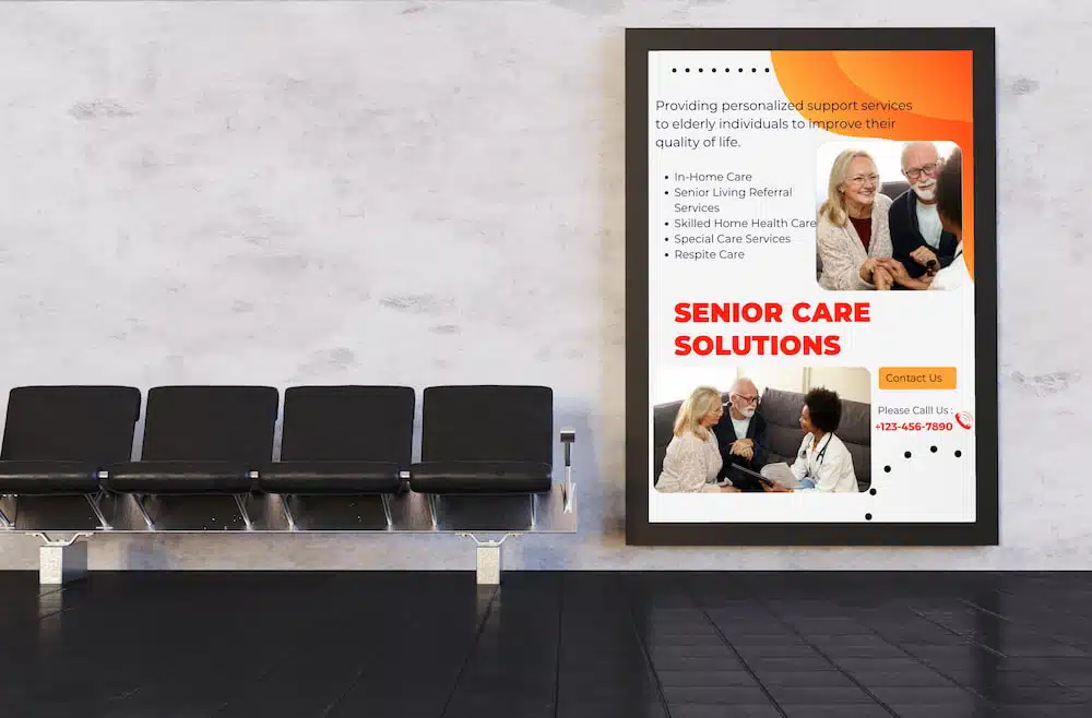 Digital signage inside a clinic advertising Senior Care Solutions.