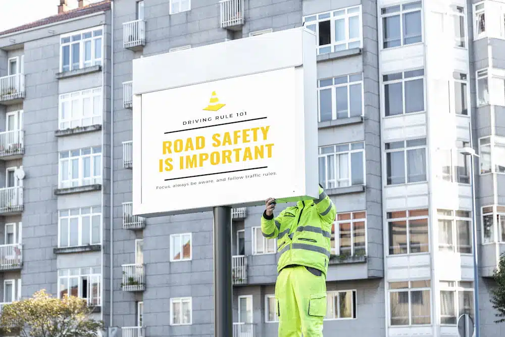 Transportation officer fixing the digital road signage.