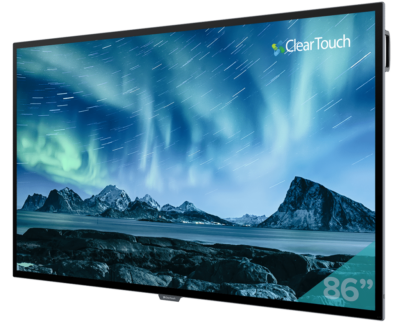 A Clear touch panel sits at an angle with a blue mountain scene on the screen.