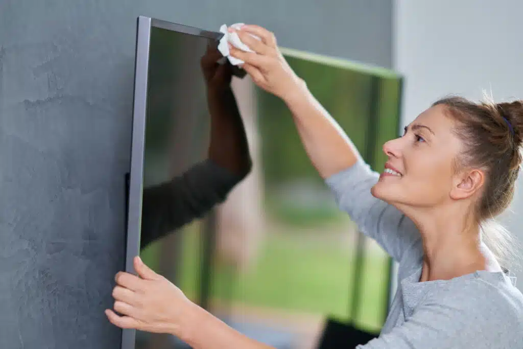 Office employee cleaning the screen of their digital signage