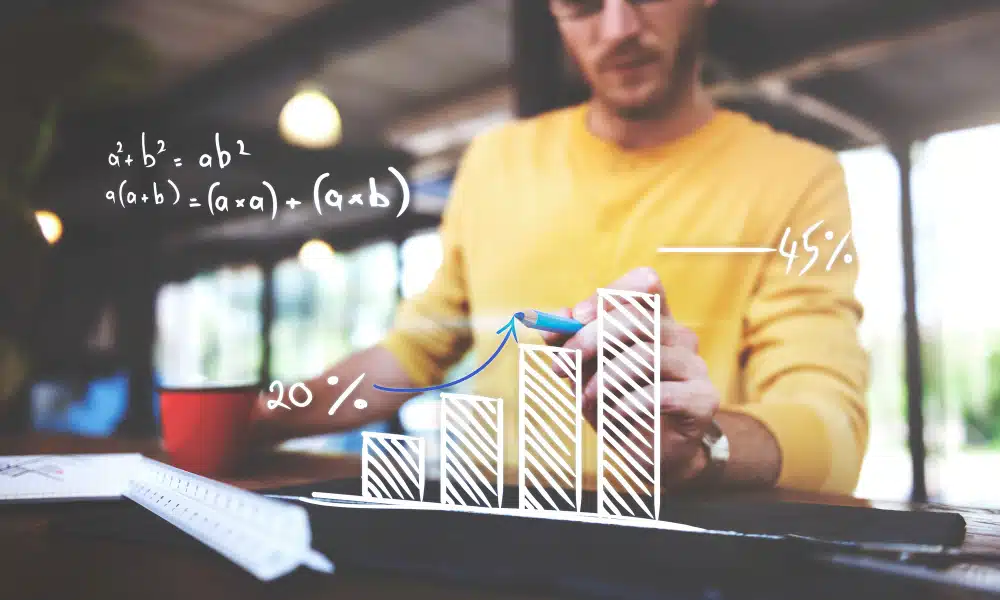 Man writing arrow up graph increased with mathematical equations above