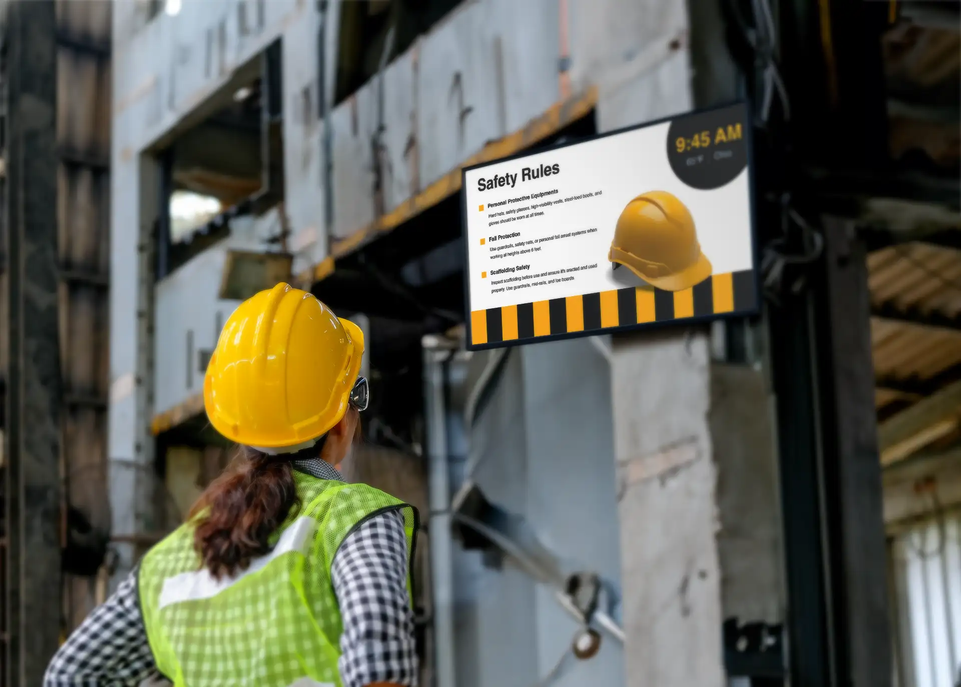 A woman wearing a hard hat looking at a digital signage