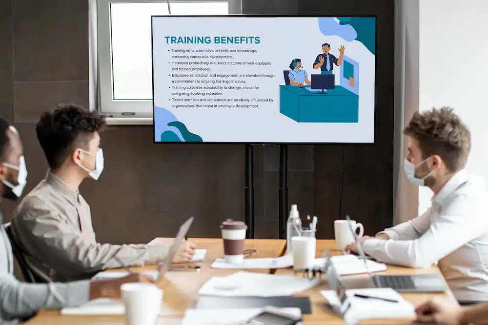 employees using digital signage to improve communication in training room
