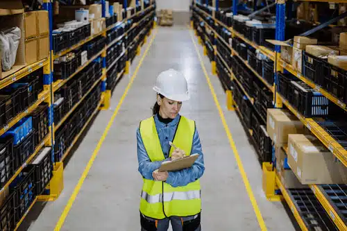 factory worker holding a pen and paper in the warehouse