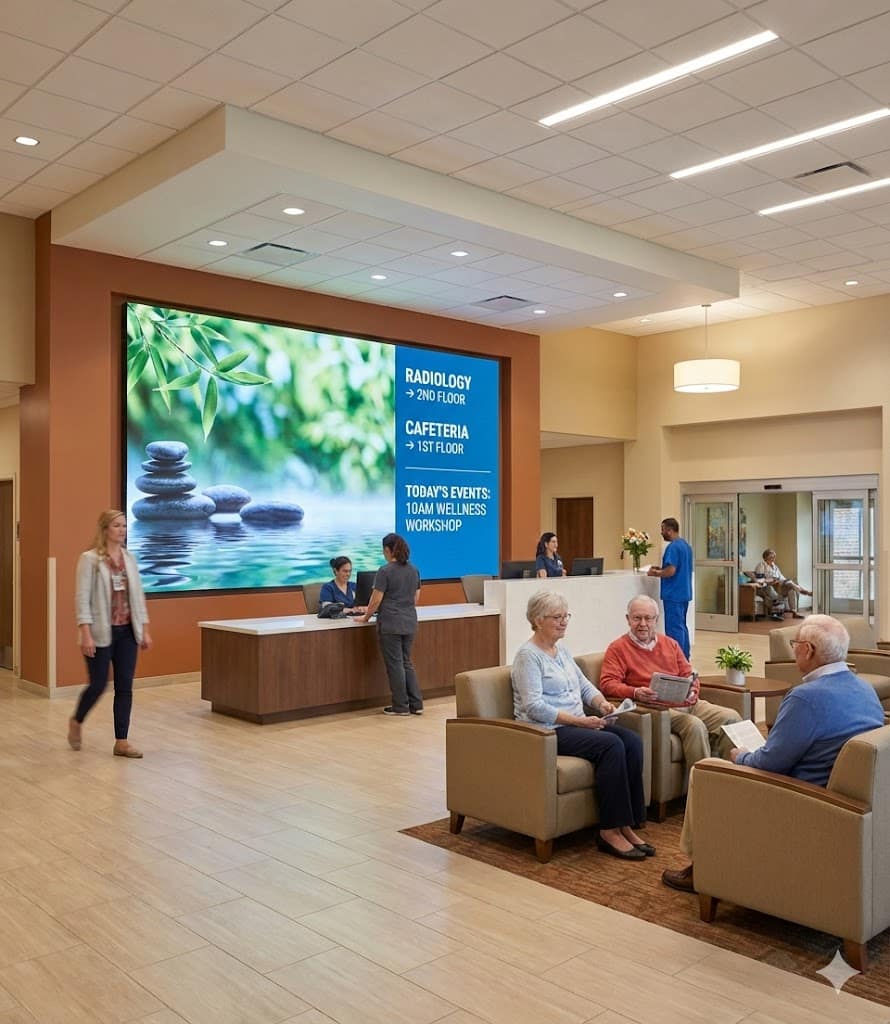 senior sitting in the lobby while nursing are working